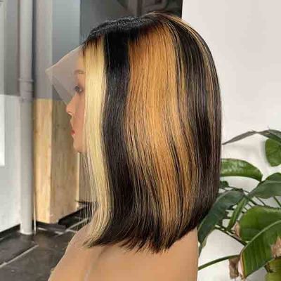 C Part Bleached Knots Hightlight Blunt Cut Bob Wigs Lace Frontal 9A Grade