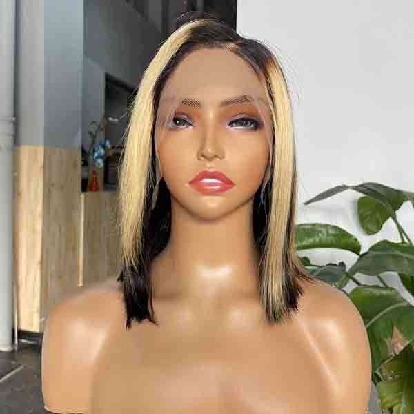 C Part Bleached Knots Hightlight Blunt Cut Bob Wigs Lace Frontal 9A Grade